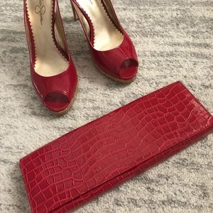 Red faux patent croc clutch
